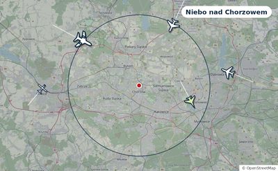 Mapa okolic miasta z sylwetkami samolotów — Niebo nad Chorzowem na żywo