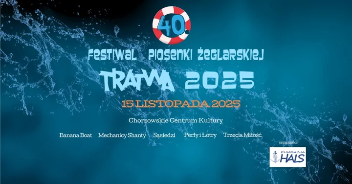 Obrazek przedstawia grafikę promocyjną wydarzenia Jubileuszowy koncert szantowy w Chorzowie — Festiwal Tratwa 40 lat