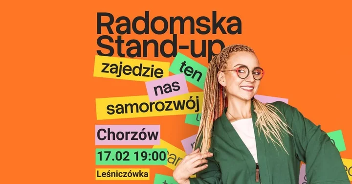 Grafika promocyjna wydarzenia Aleksandra Radomska „Zajedzie nas ten samorozwój” — stand-up w Chorzowie
