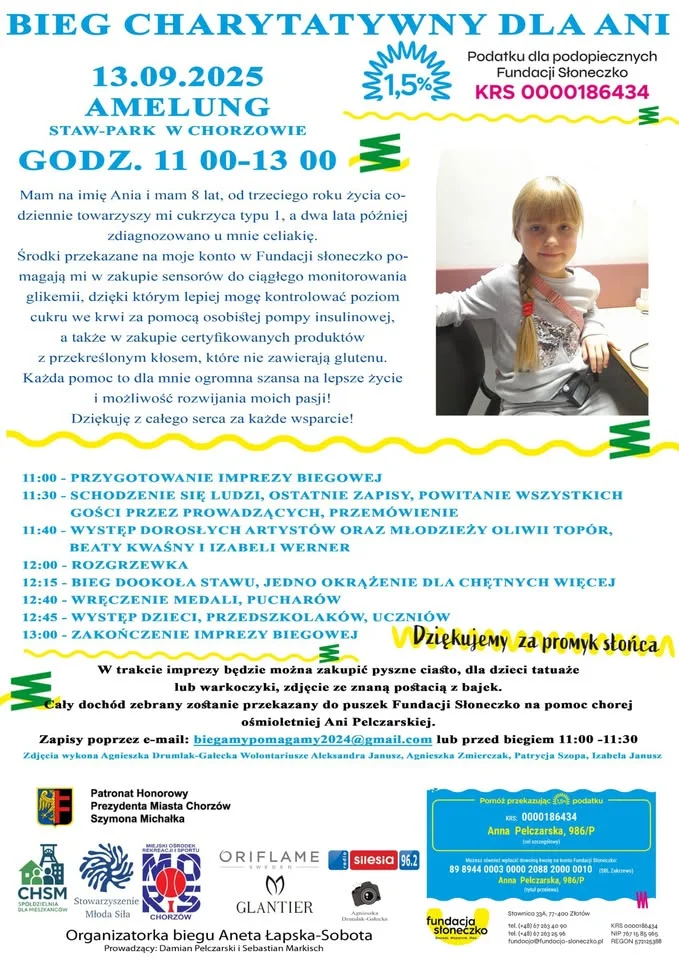 Obrazek przedstawia grafikę promocyjną wydarzenia Bieg charytatywny na Amelungu w Chorzowie dla Ani