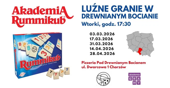 Grafika promocyjna wydarzenia Chorzów – Rummikub: luźne granie w Pod Drewnianym Bocianem