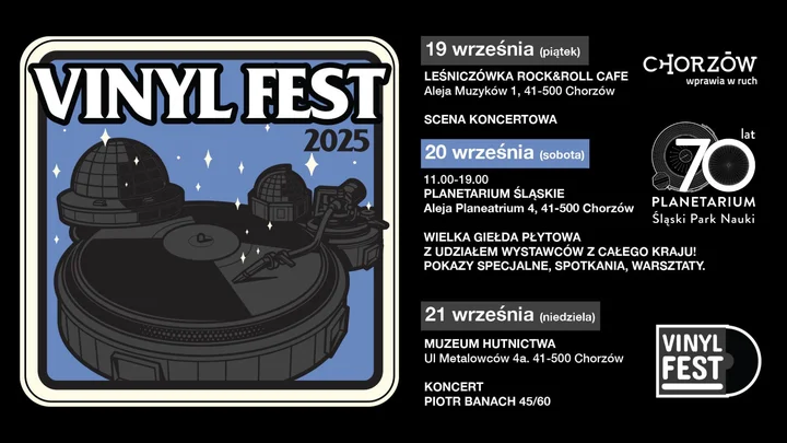 Obrazek przedstawia grafikę promocyjną wydarzenia Festiwal winylowy w Chorzowie — program i atrakcje (19–21 września 2025)