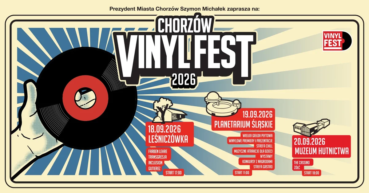 Grafika promocyjna wydarzenia Chorzów VinylFest 2026: program i miejsca