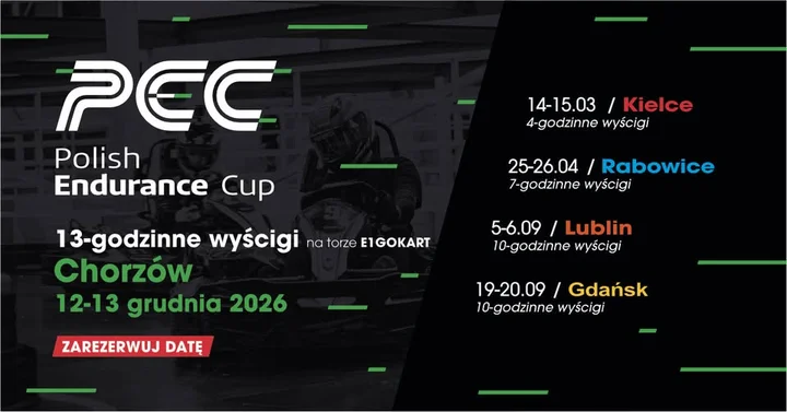 Grafika promocyjna wydarzenia E1GOKART Polish Endurance Cup 2026 — 13‑godzinne wyścigi w Chorzowie