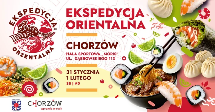 Grafika promocyjna wydarzenia Orientalna Ekspedycja w Chorzowie — smak Azji na Hali MORIS
