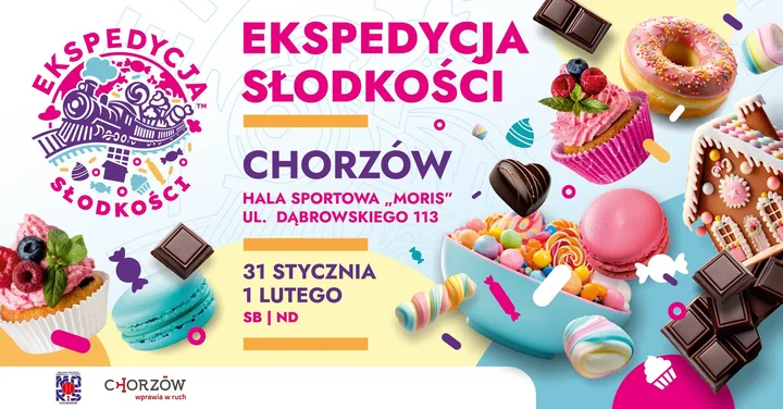 Grafika promocyjna wydarzenia Ekspedycja Słodkości w Chorzowie — festiwal deserów w Hali MORIS