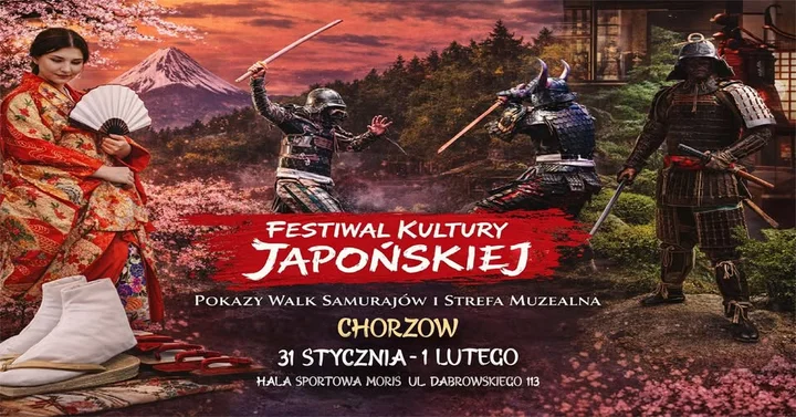 Grafika promocyjna wydarzenia Festiwal Kultury Japońskiej w Chorzowie — mini podróż do Kraju Kwitnącej Wiśni