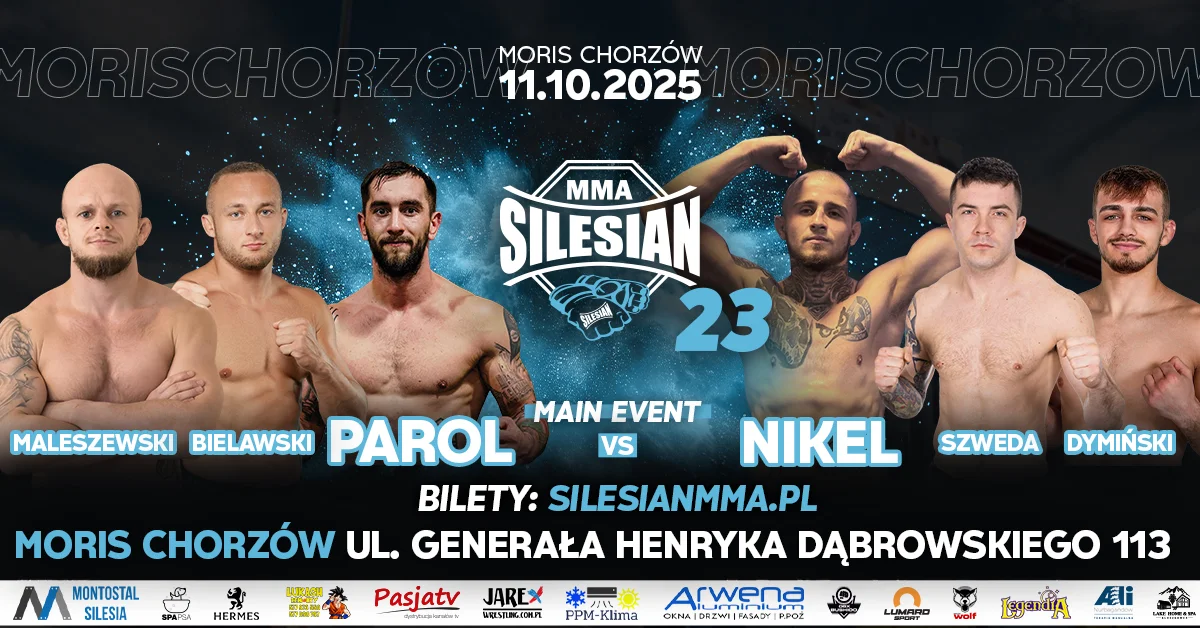 Grafika promocyjna wydarzenia Gala Silesian MMA 23 odbędzie się w MORiS Chorzów