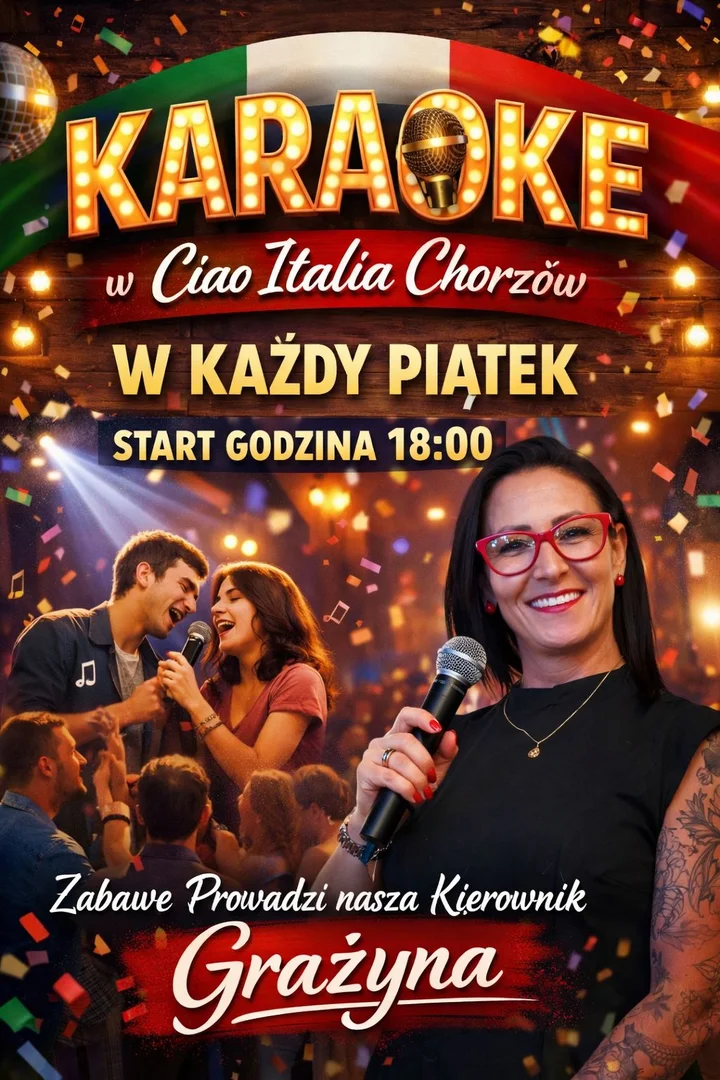 Grafika promocyjna wydarzenia KARAOKE w Ciao Italia Chorzów — piątkowe muzyczne wieczory