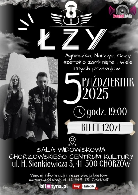 Obrazek przedstawia grafikę promocyjną wydarzenia Koncert zespołu Łzy w Chorzowskim Centrum Kultury — 5 października 2025