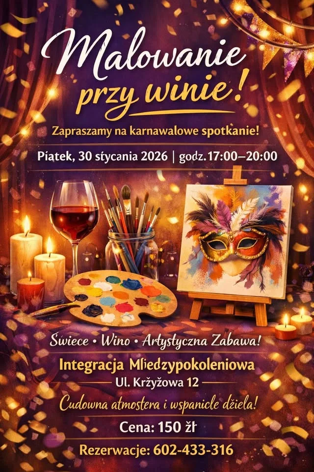 Grafika promocyjna wydarzenia MALOWANIE PRZY WINIE – karnawałowe spotkanie dla kobiet w Chorzowie