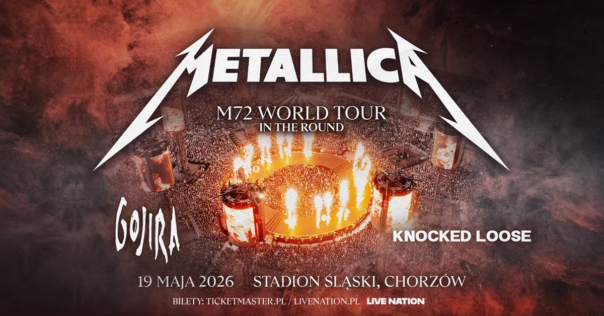 Grafika promocyjna wydarzenia Metallica wystąpi na Stadionie Śląskim w Chorzowie w 2026 roku