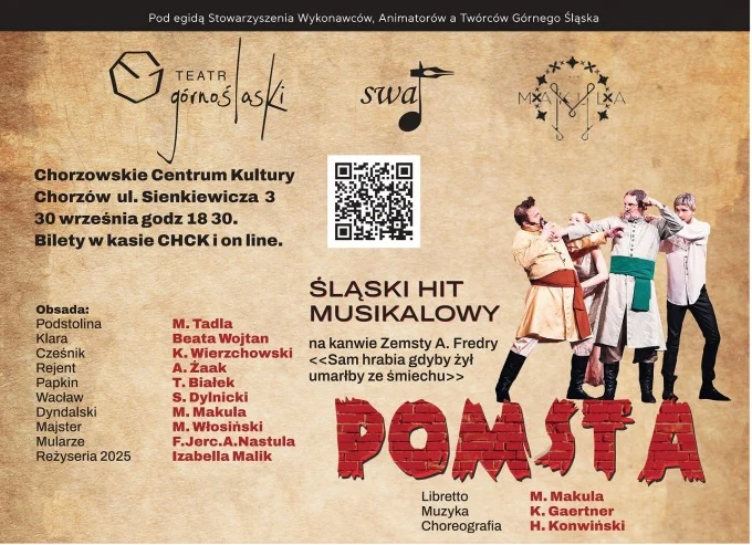 Obrazek przedstawia grafikę promocyjną wydarzenia Śląski musical „Pomsta” w Chorzowskim Centrum Kultury