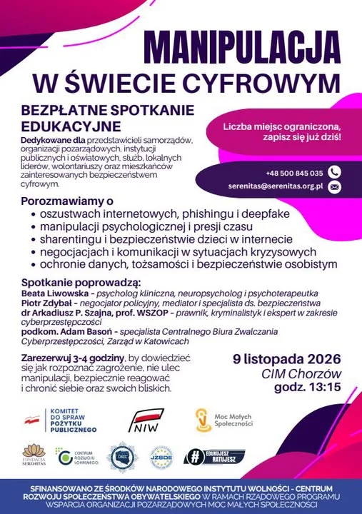 Grafika promocyjna wydarzenia Spotkanie o manipulacji w internecie w Chorzowie