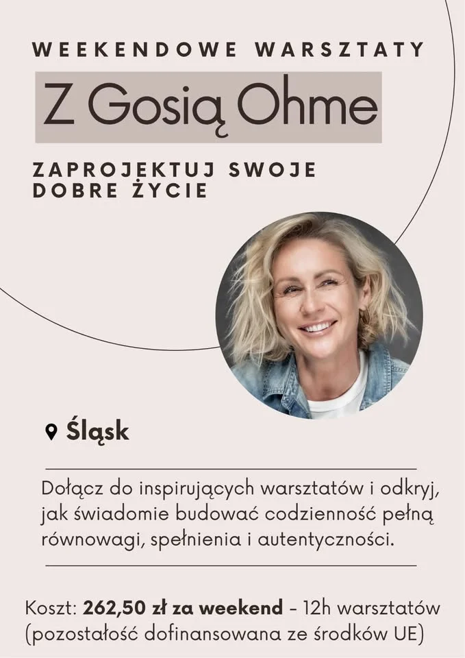 Grafika promocyjna wydarzenia Spotkanie z Gosią Ohme — warsztaty rozwojowe w Chorzowie