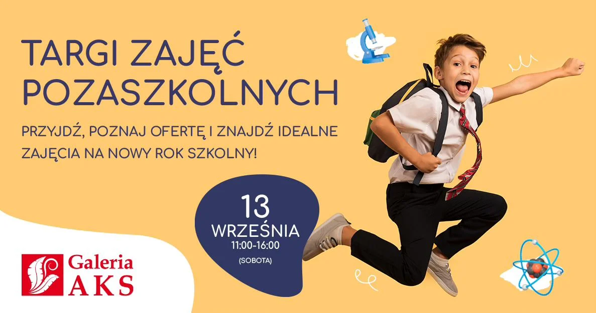 Grafika promocyjna wydarzenia Targi zajęć pozaszkolnych w Galerii AKS Chorzów — przegląd ofert dla uczniów