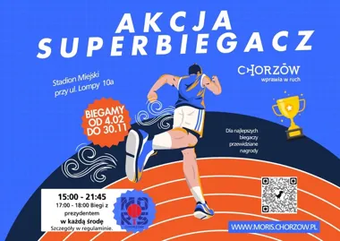 Grafika promocyjna wydarzenia Akcja „Superbiegacz” – cotygodniowy trening biegowy „Biegi z Prezydentem” w Chorzowie