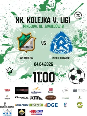 Grafika promocyjna wydarzenia AKS Mikołów – Ruch II Chorzów. Mecz na Zawilców 8 już 4 kwietnia