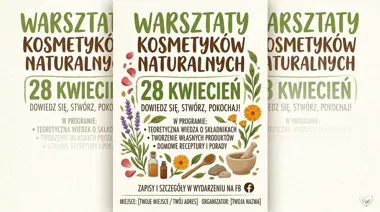 Grafika promocyjna wydarzenia NATURALNE KOSMETYKI OD PODSTAW w Zielarni DeaFlora – warsztaty w Chorzowie