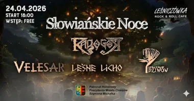 Grafika promocyjna wydarzenia Słowiańskie Noce w Leśniczówce w Chorzowie — Radogost, Velesar, Leśne Licho i Kapela z Krainy Dziwów