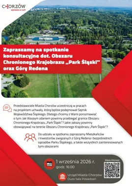 Grafika promocyjna wydarzenia Spotkanie konsultacyjne dot. Obszaru Chronionego Krajobrazu „Park Śląski” oraz Góry Redena