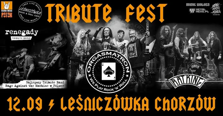 Obrazek przedstawia grafikę promocyjną wydarzenia Tribute Fest w Chorzowie — koncerty Orgasmatron, Renegady i Rät King