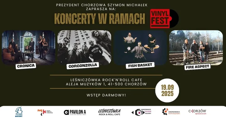 Obrazek przedstawia grafikę promocyjną wydarzenia Koncerty Vinyl Fest w Chorzowie — Leśniczówka RocknRoll Cafe, 19 września 2025