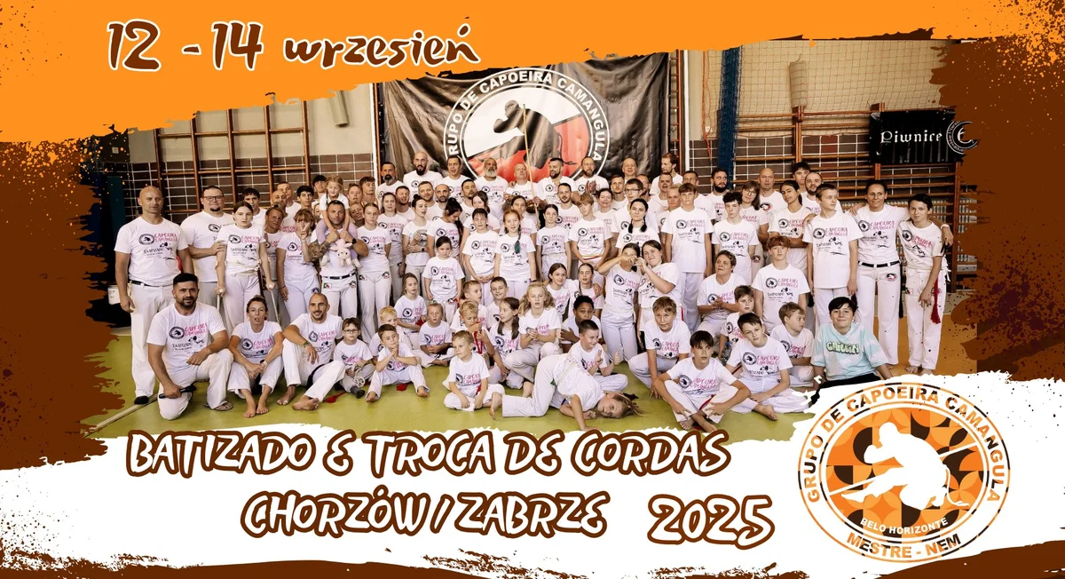 Grafika promocyjna wydarzenia Warsztaty i ceremonia nadania stopni capoeira w Chorzowie