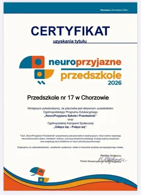 Przedszkole nr 17 w Chorzowie z certyfikatem neuroprzyjaznej placówki
